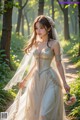 A woman in a wedding dress walking through a forest.