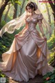 A woman in a wedding dress standing in the woods.