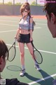 A woman standing on a tennis court holding a tennis racket.