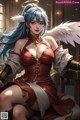 Anime girl with blue hair and angel wings sitting on a chair.