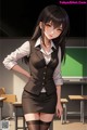 A woman in a school uniform standing in front of a blackboard.